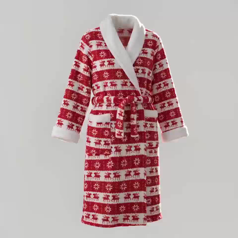 Women's red Fair Isle reindeer print fleece dressing gown
