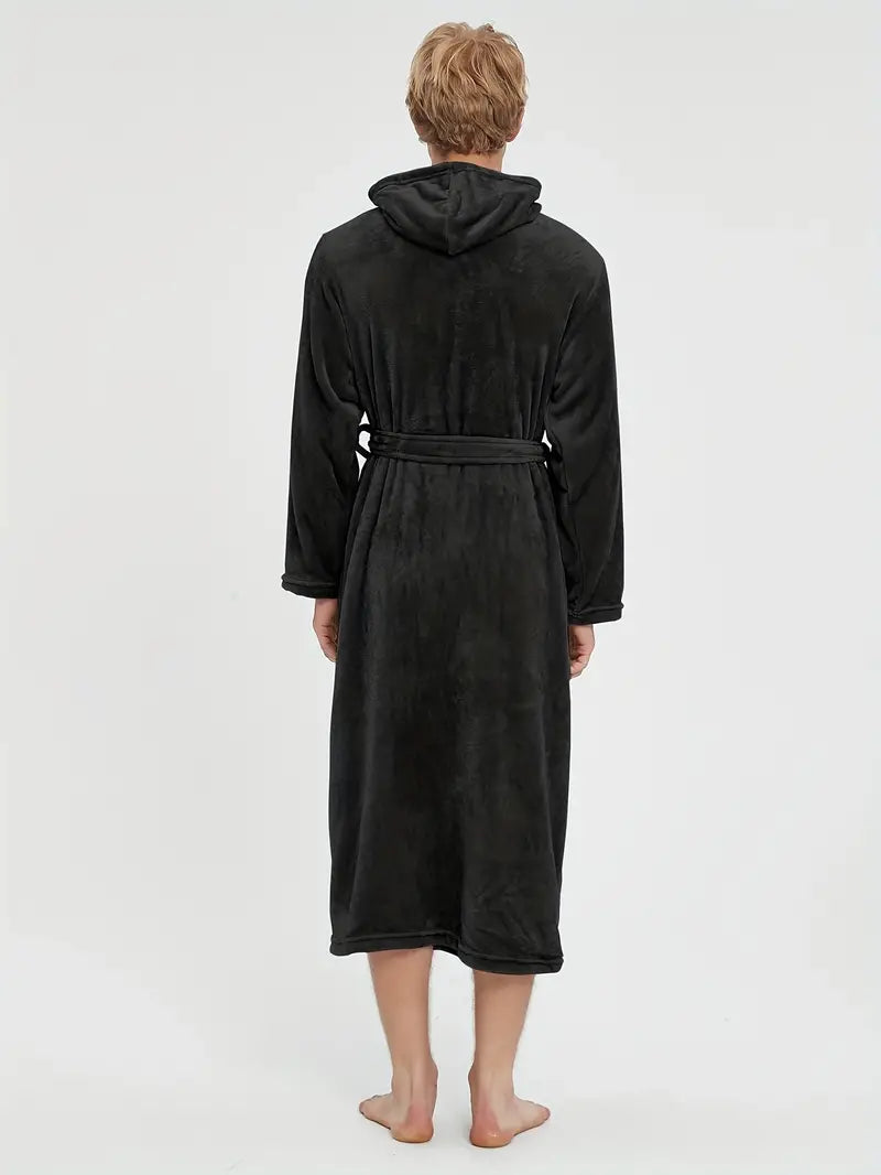 Men's hooded fleece bathrobe, charcoal