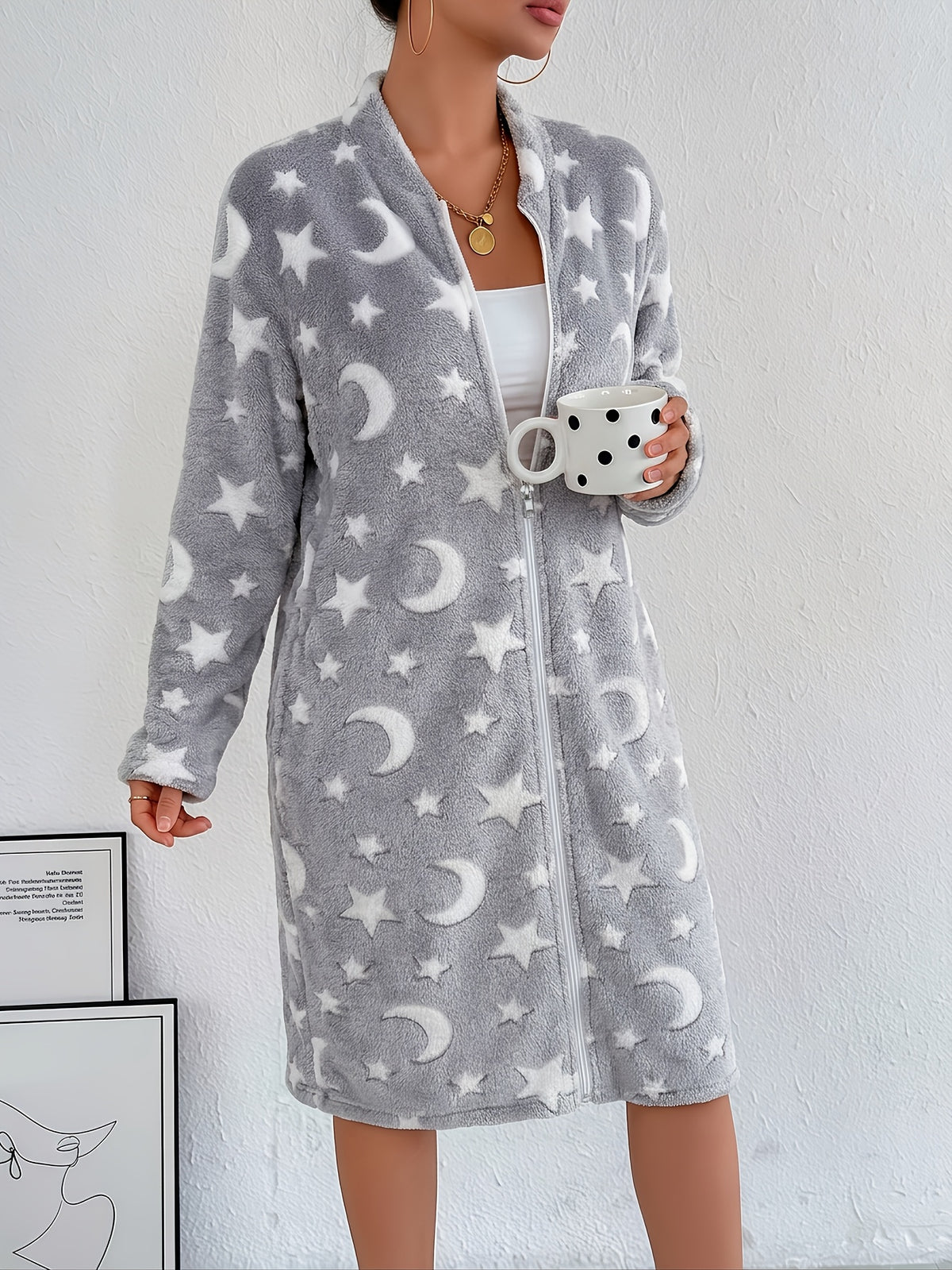 Women's star and moon flannel zip-up dressing gown