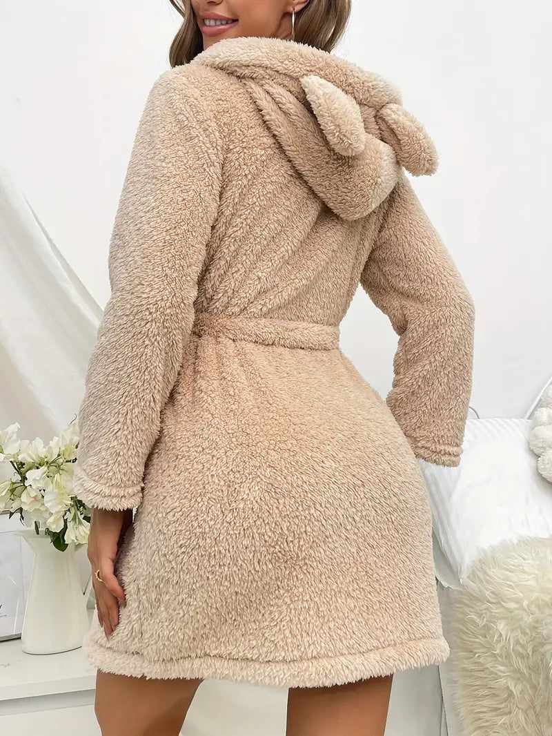 Women's warm hooded fleece dressing gown, beige