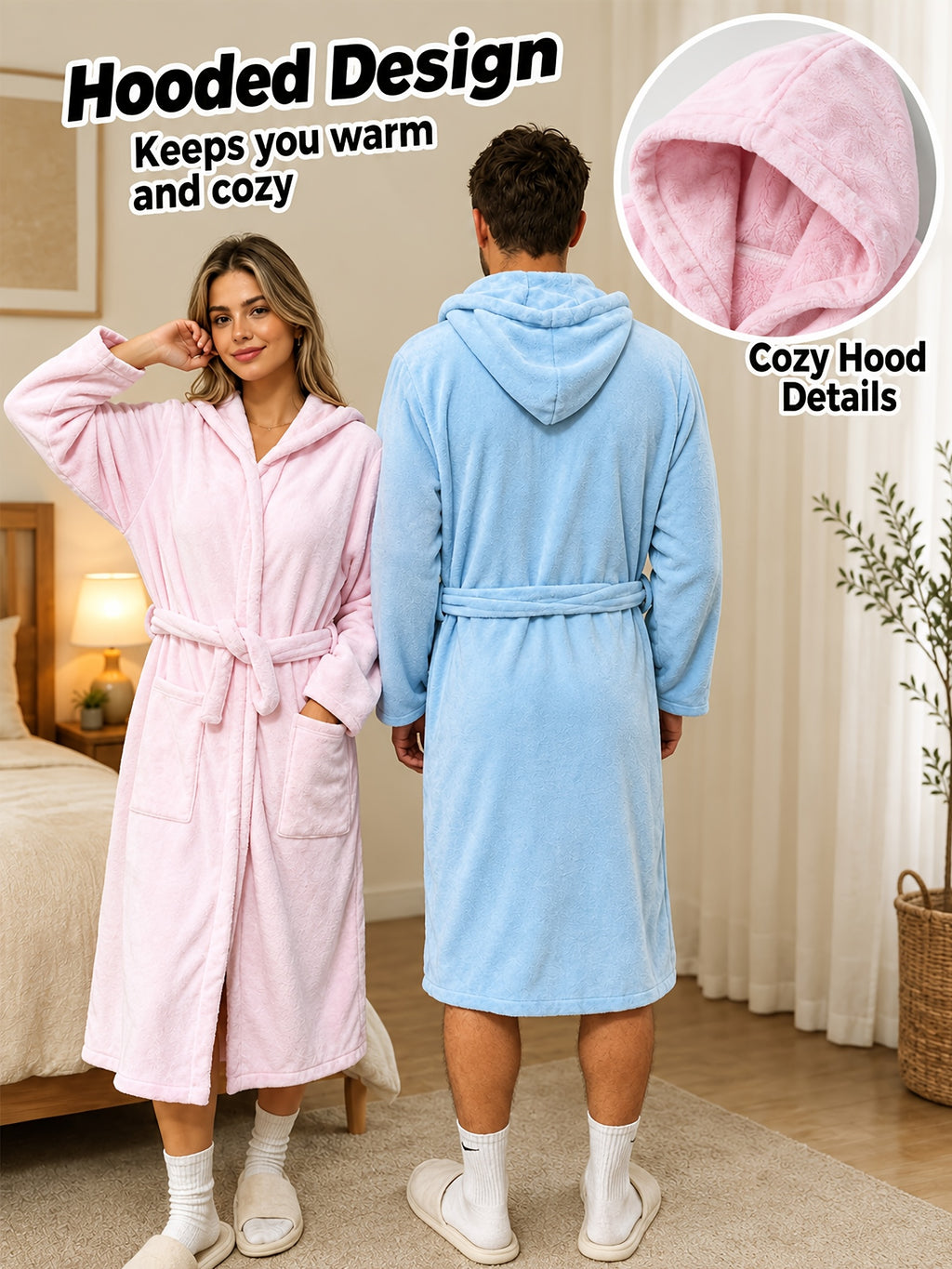 Unisex long hooded fleece bathrobe