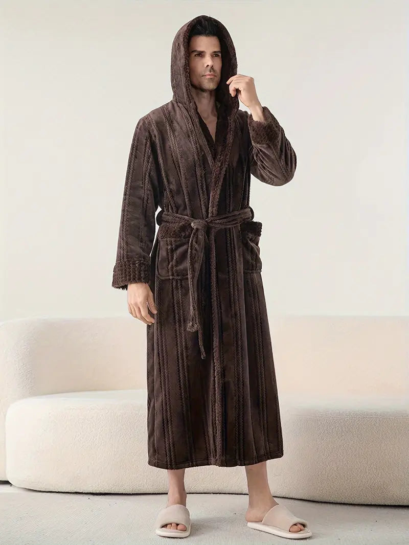 Long hooded fleece bathrobe — Brown