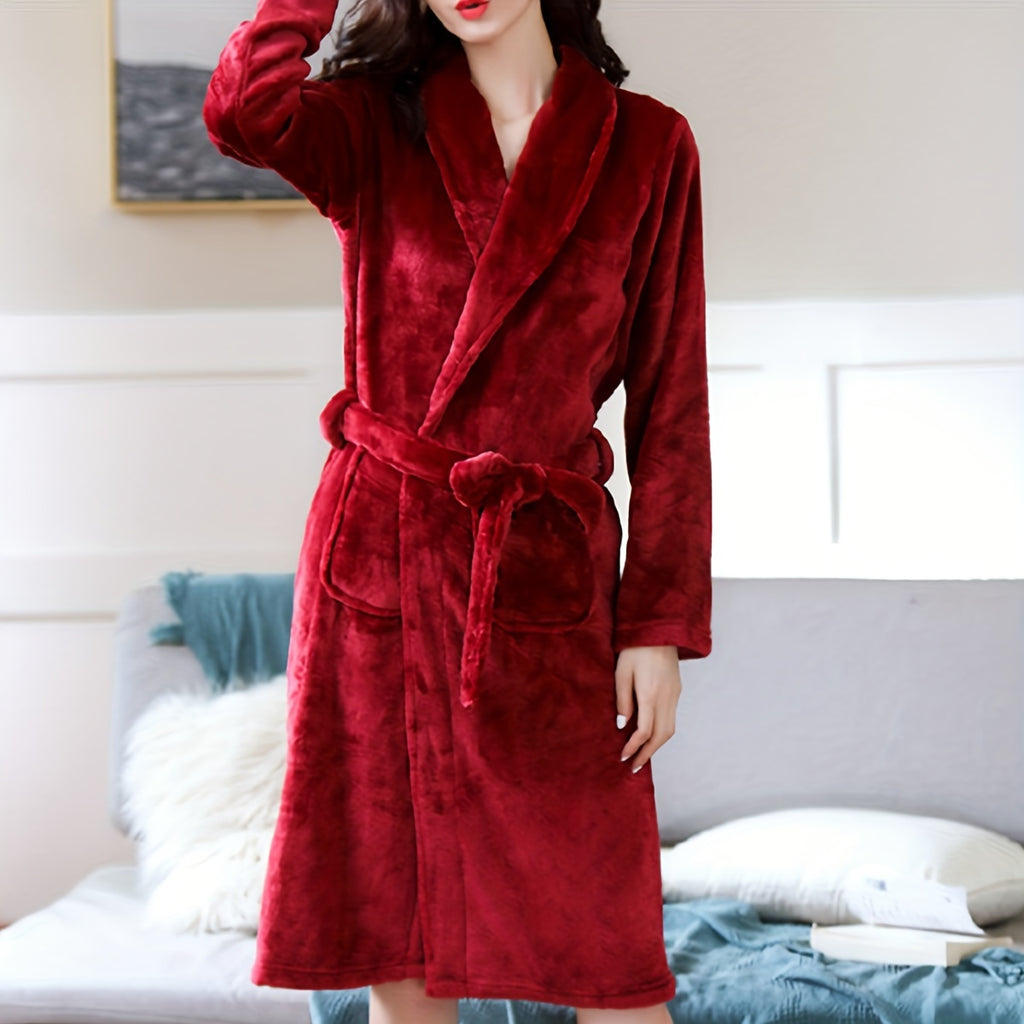 Women's navy long fleece bathrobe