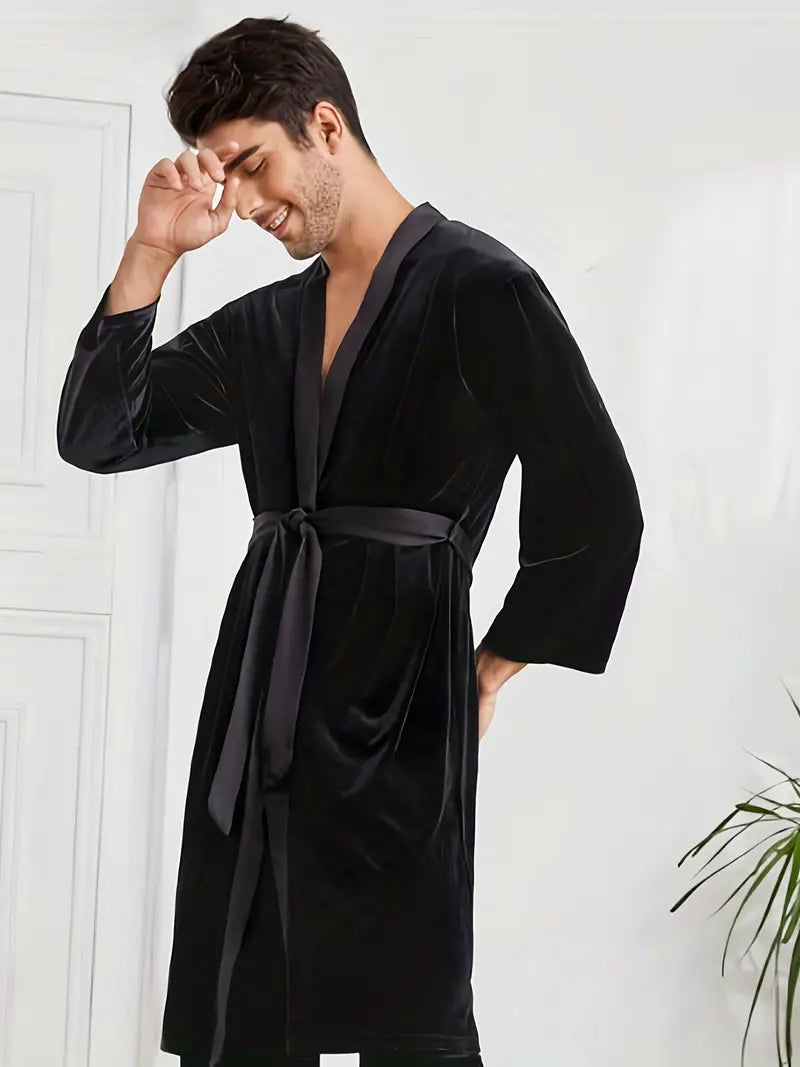 Men's short black towelling kimono robe