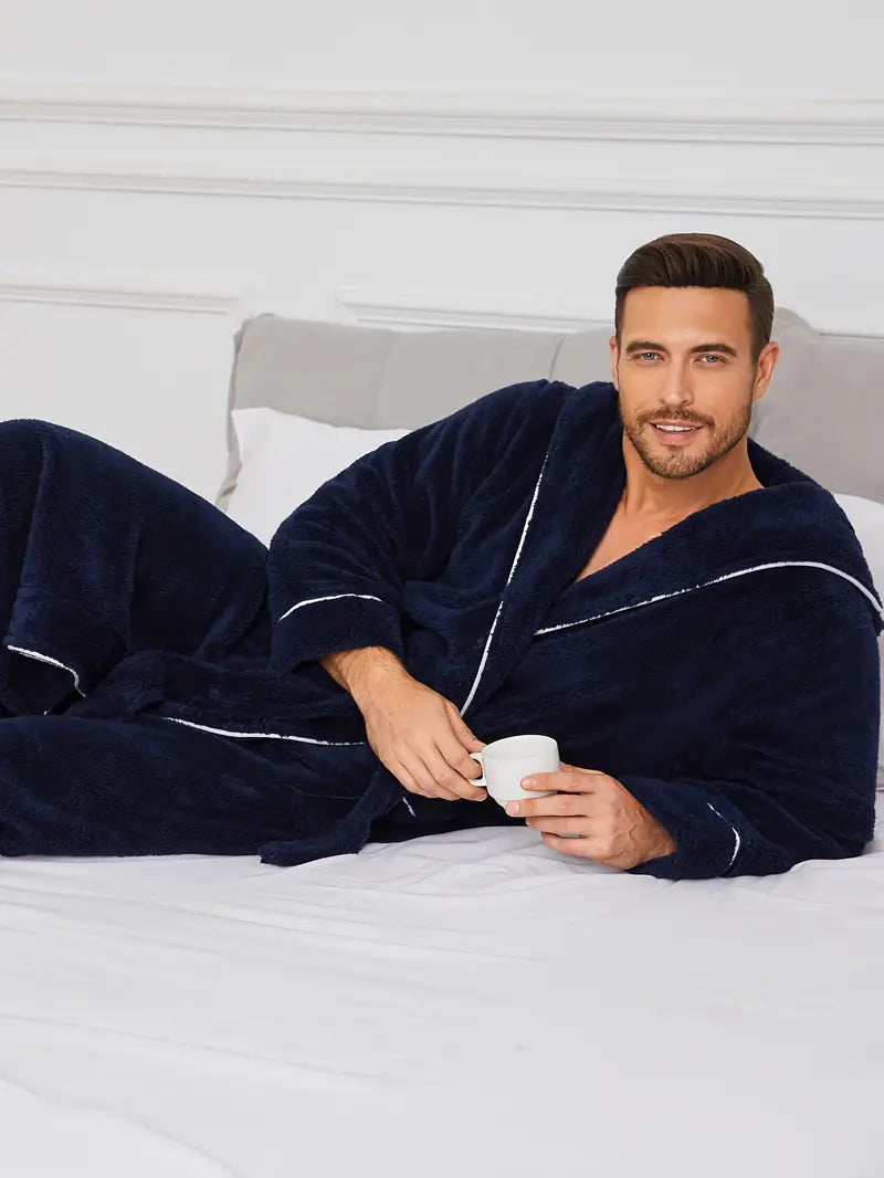 Men's thick hooded fleece bathrobe