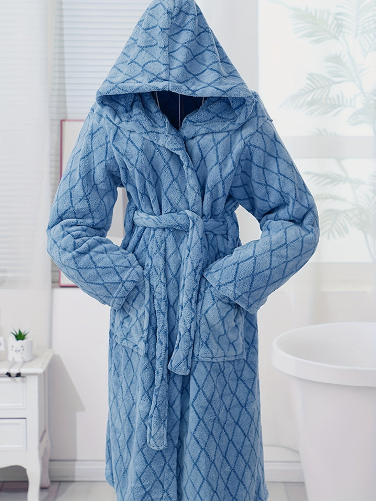 Men's blue textured hooded fleece dressing gown — Blue