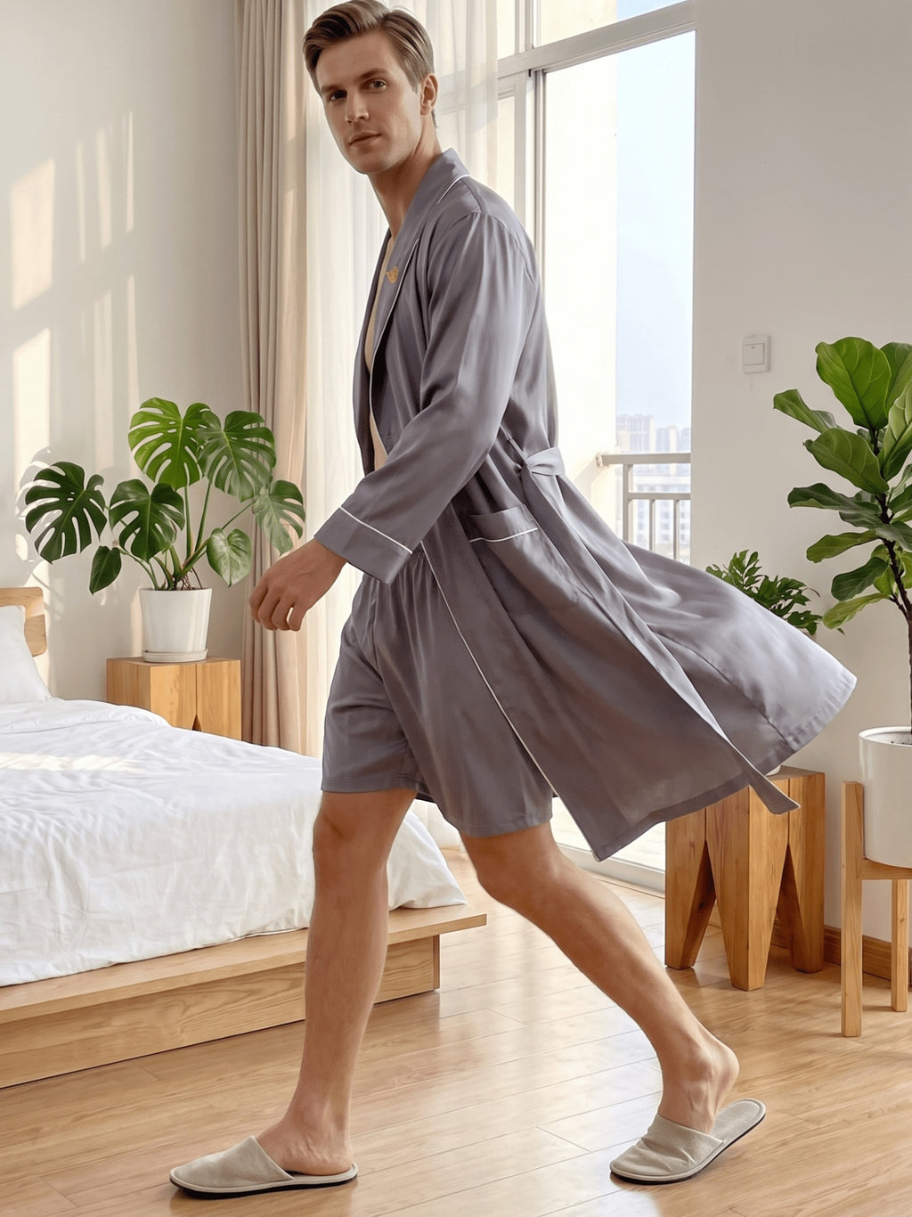 Men's embroidered satin dressing gown and shorts set