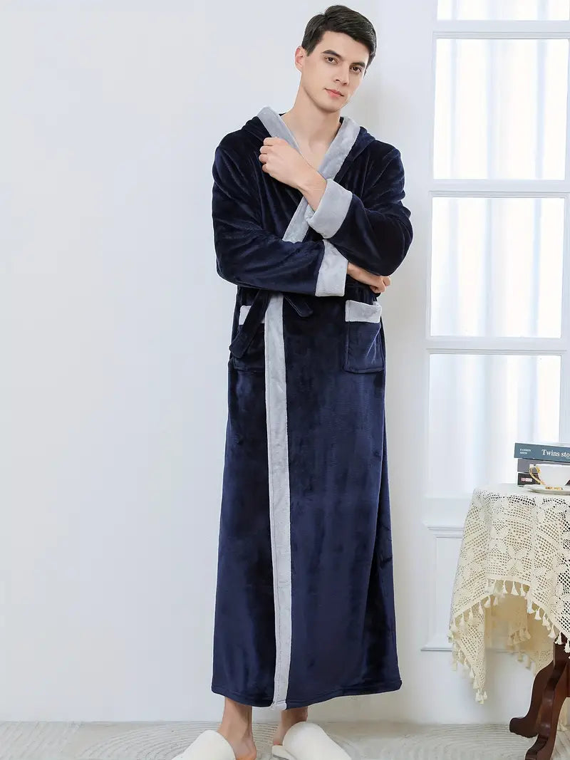 Men's long hooded towelling bathrobe, petite