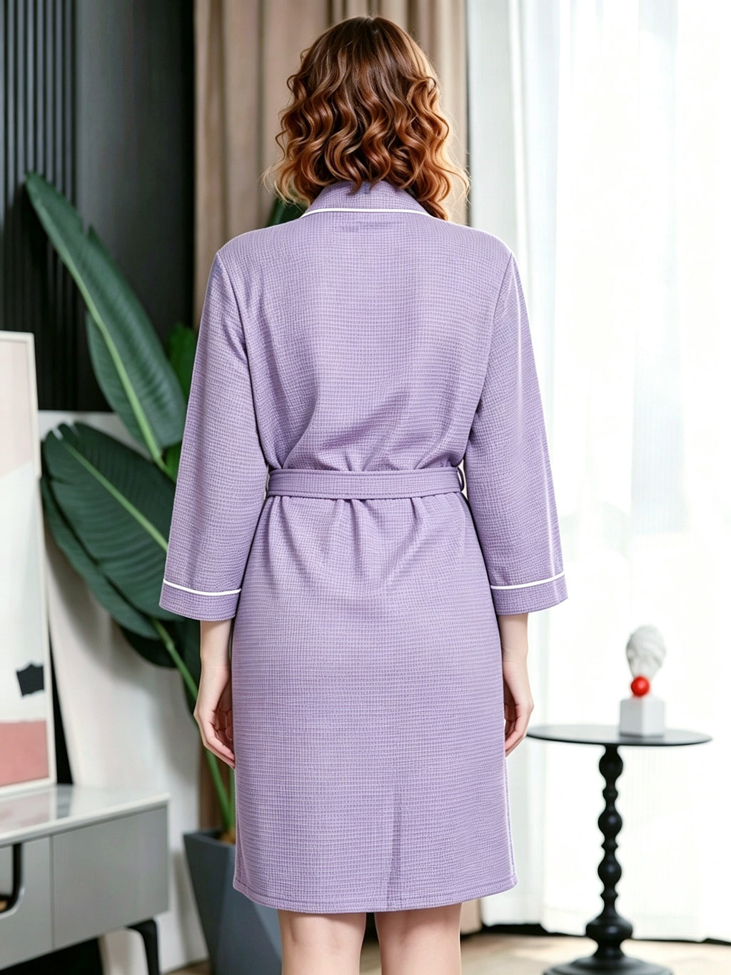 Women's long waffle bathrobe, lightweight