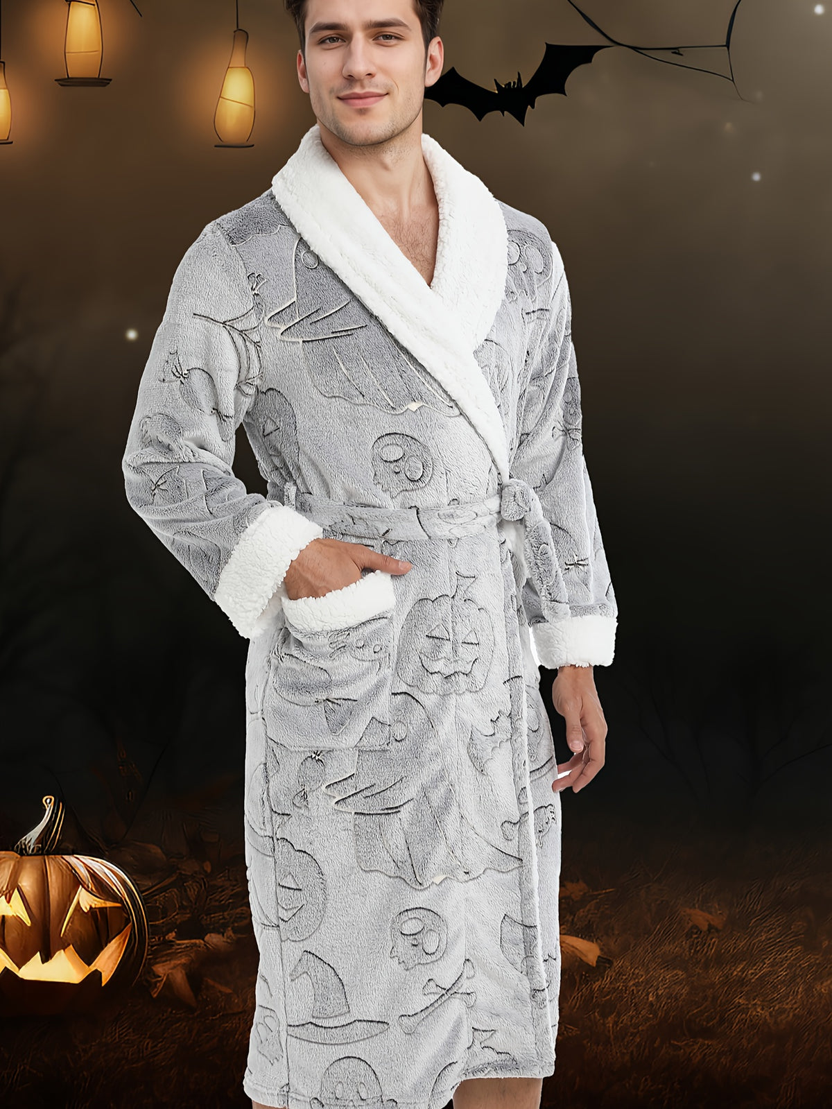 Men's Halloween print fleece dressing gown