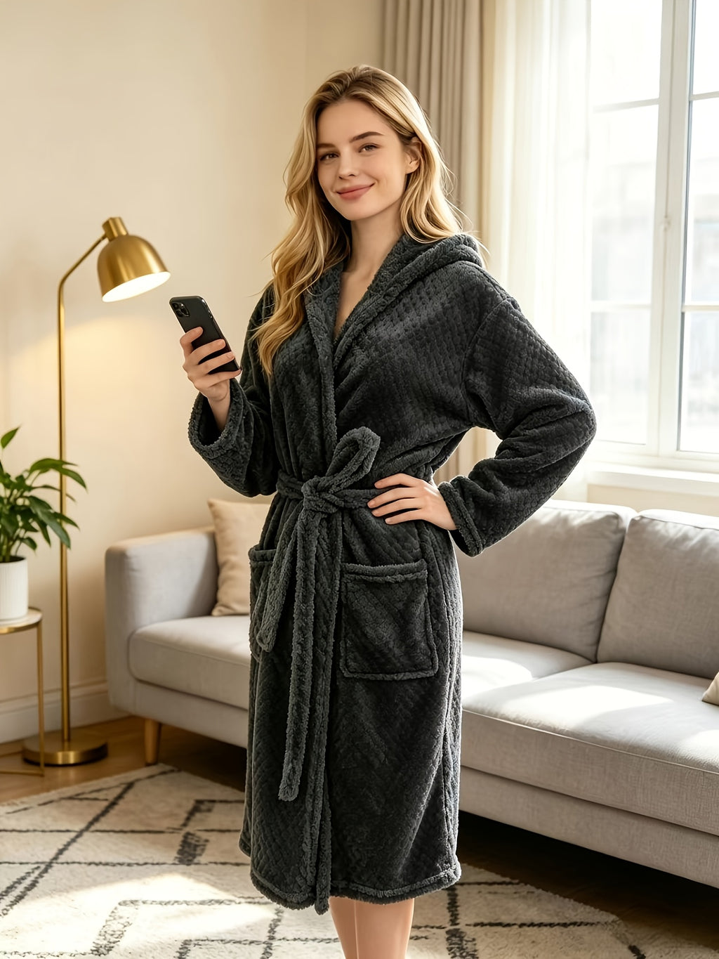 Women's grey hooded flannel bathrobe