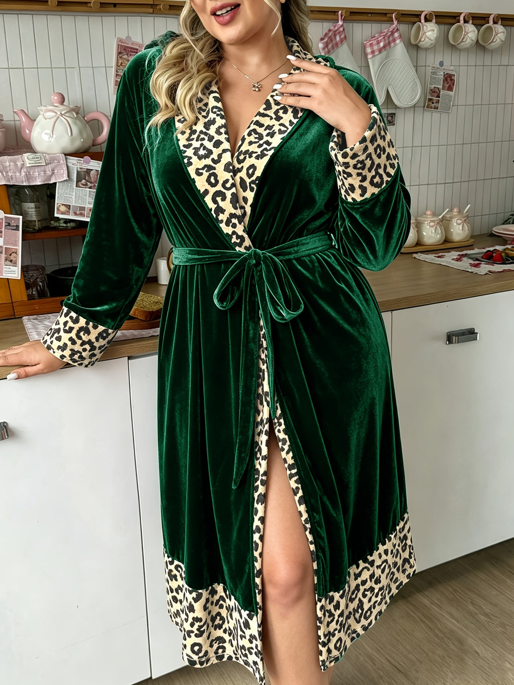Women's plus size leopard print velvet dressing gown