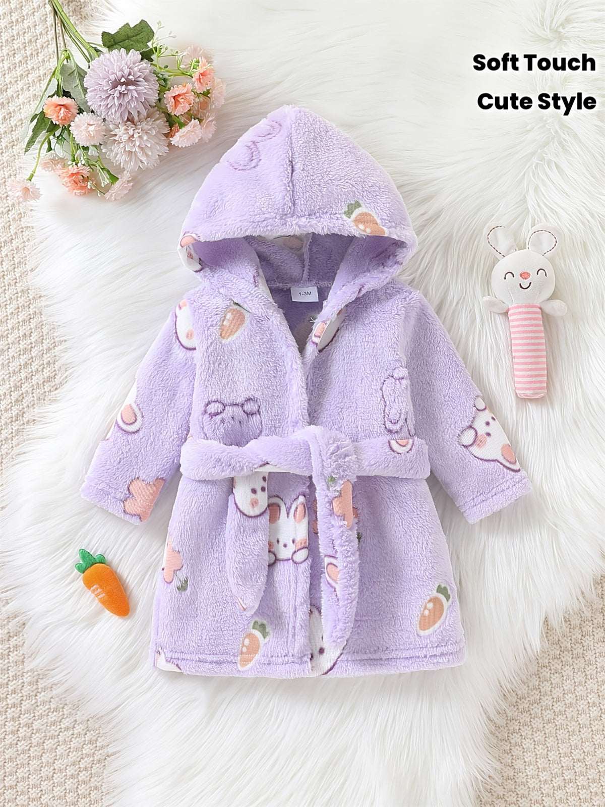 Baby purple long hooded fluffy fleece bathrobe