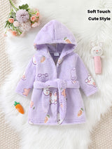 Baby purple long hooded fluffy fleece bathrobe
