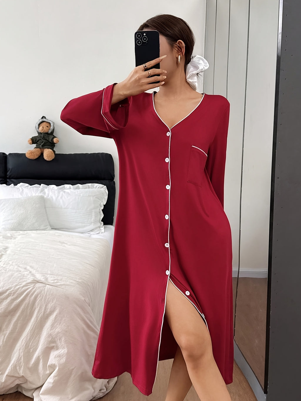 Women's burgundy button-up nightdress