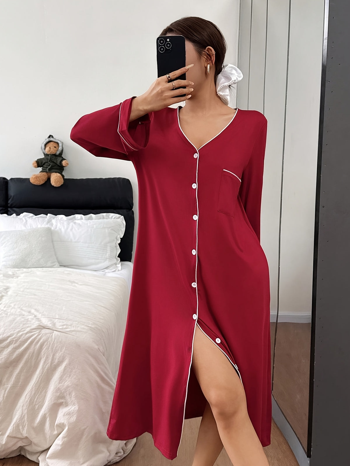 Women's burgundy button-up nightdress