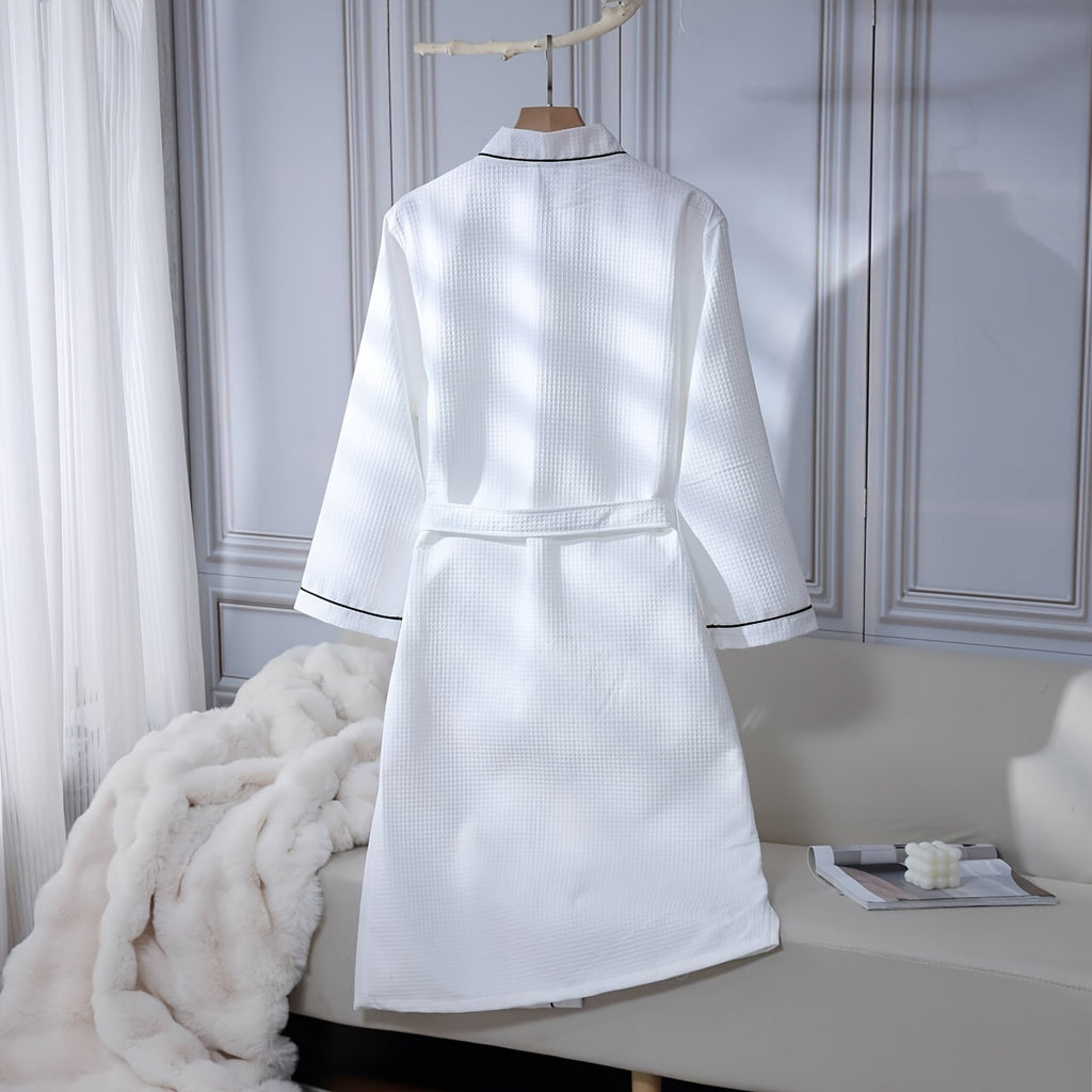 Unisex white long waffle bathrobe with pockets
