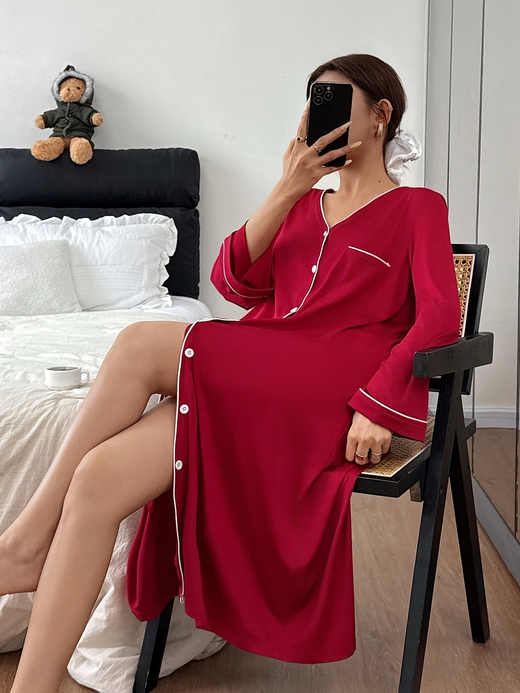Women's burgundy button-up nightdress
