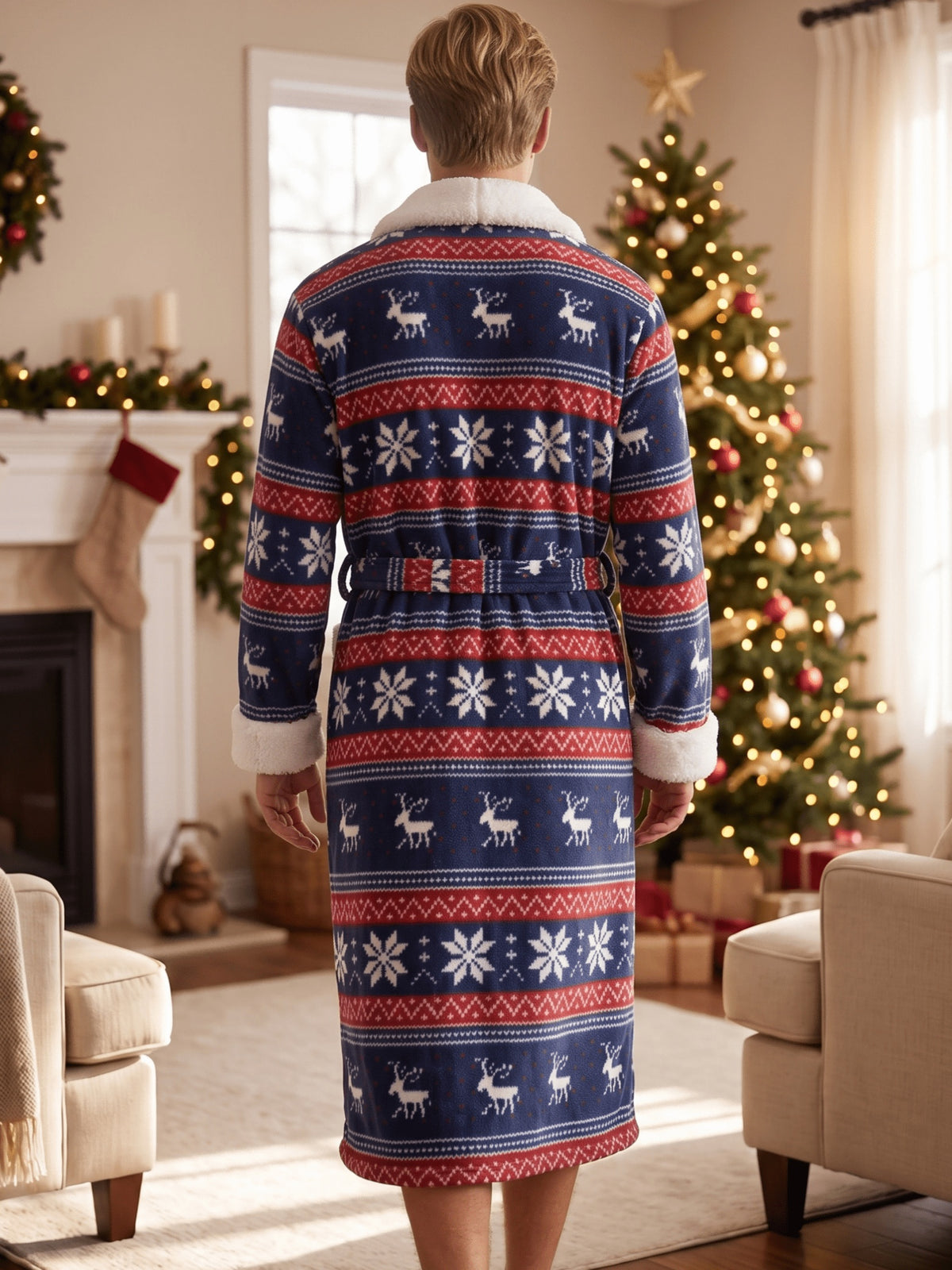Men's navy Fair Isle Christmas flannel dressing gown