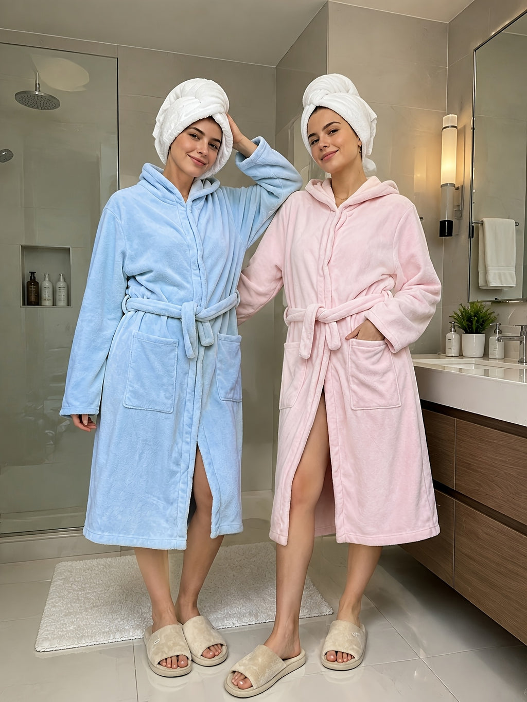 Unisex long hooded fleece bathrobe