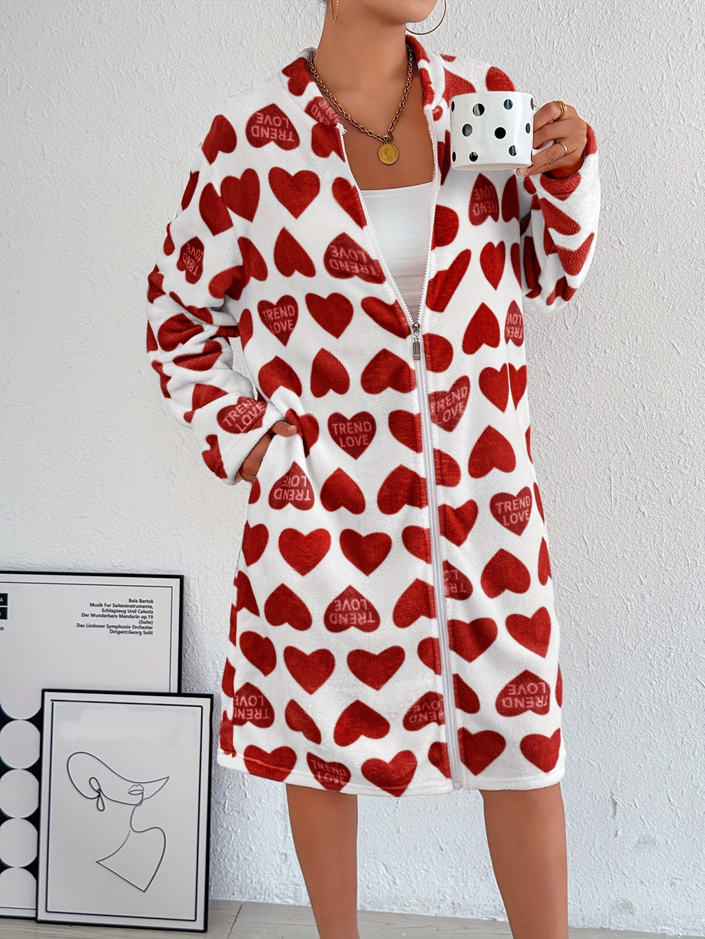Women's red heart flannel zip-up dressing gown