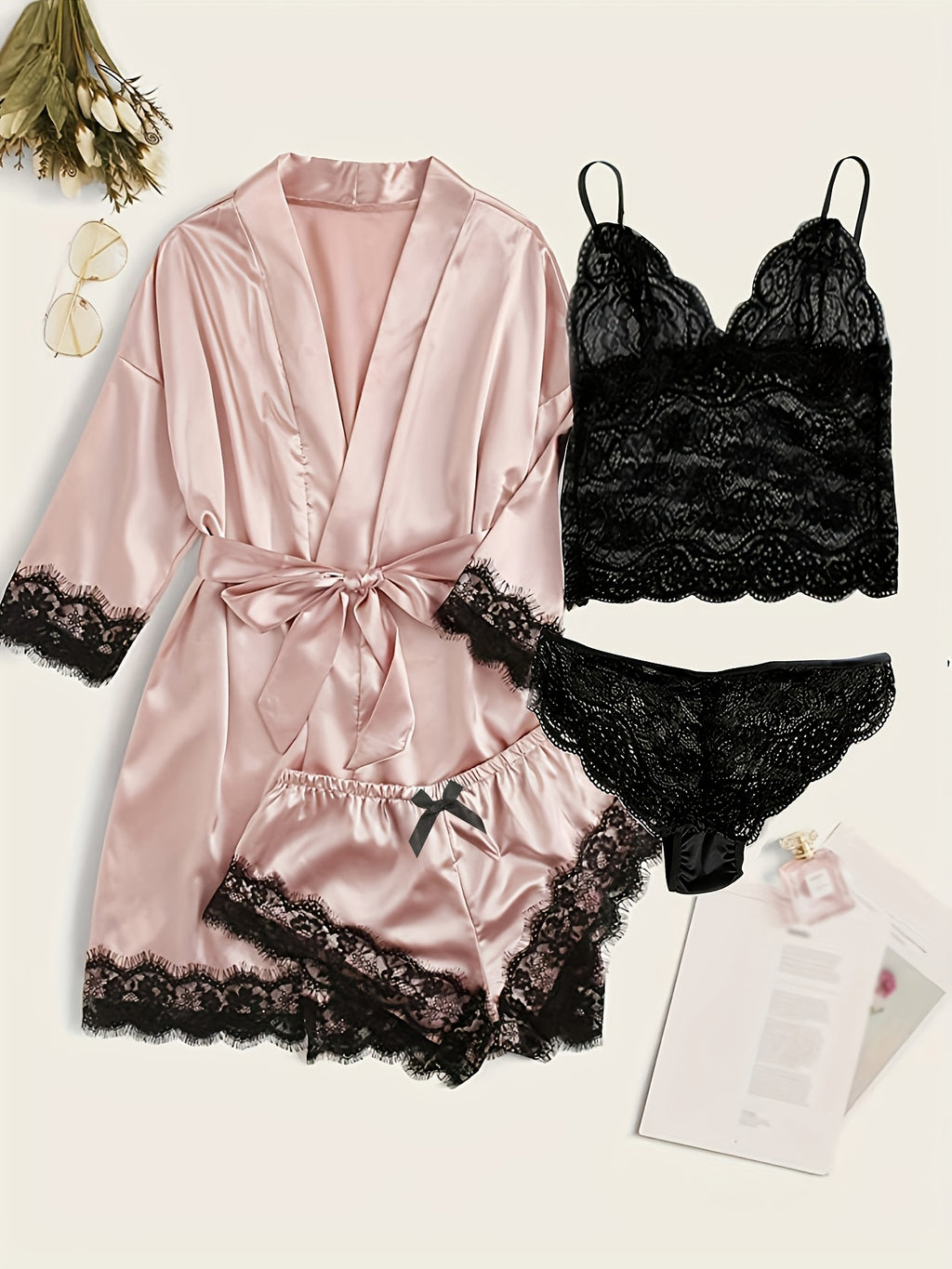 Women's lace satin robe and camisole set