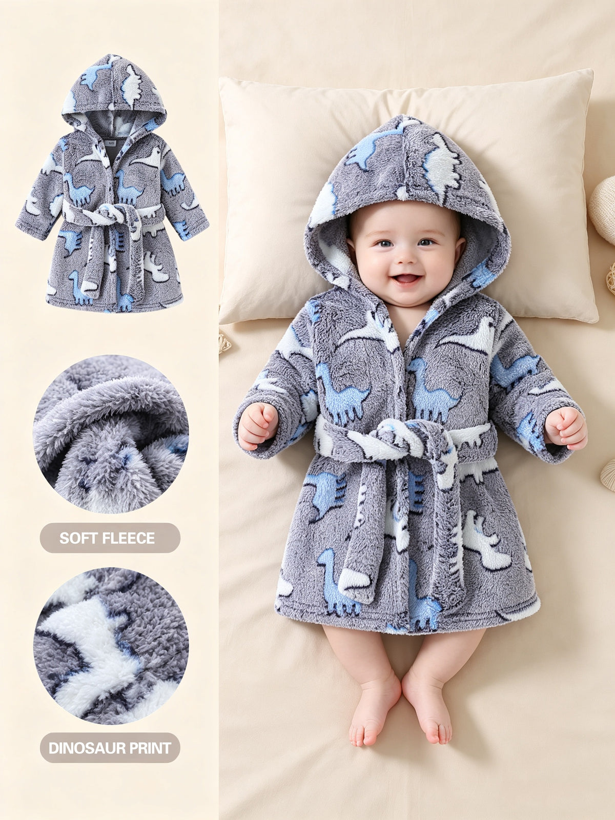 Baby long hooded dinosaur fluffy fleece dressing gown