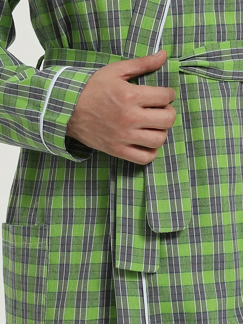 Men's long green checked cotton kimono robe