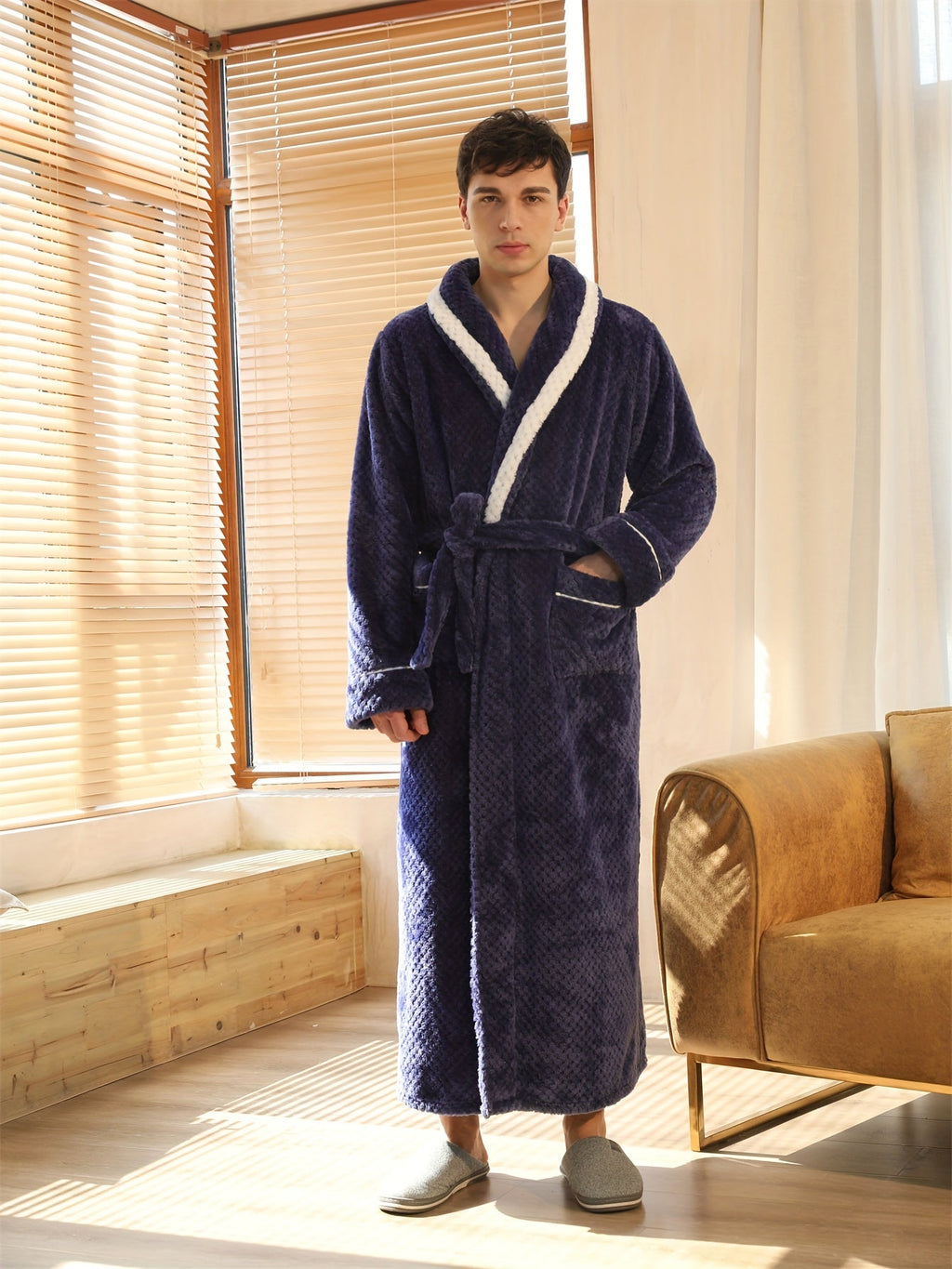 Men's long waffle velour dressing gown
