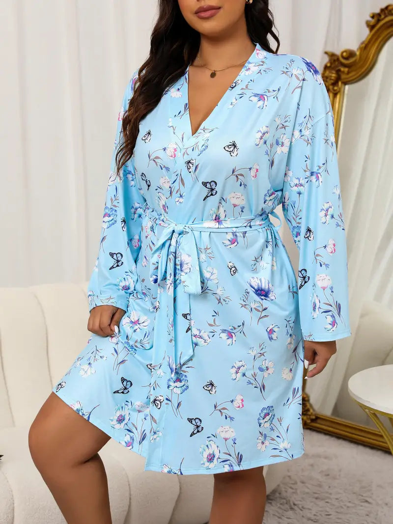 Women's short floral satin dressing gown, plus size