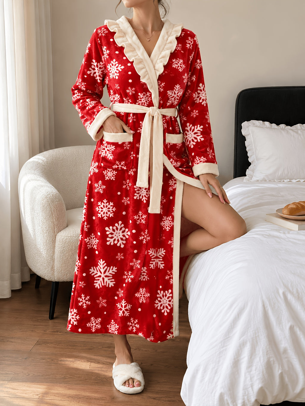 Women's red snowflake fleece dressing gown