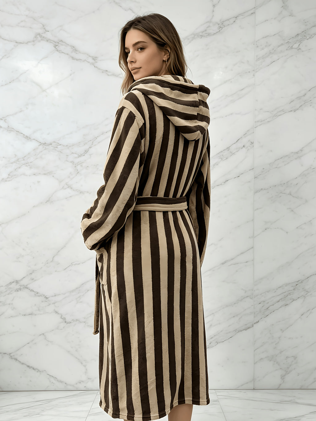 Unisex brown striped hooded dressing gown