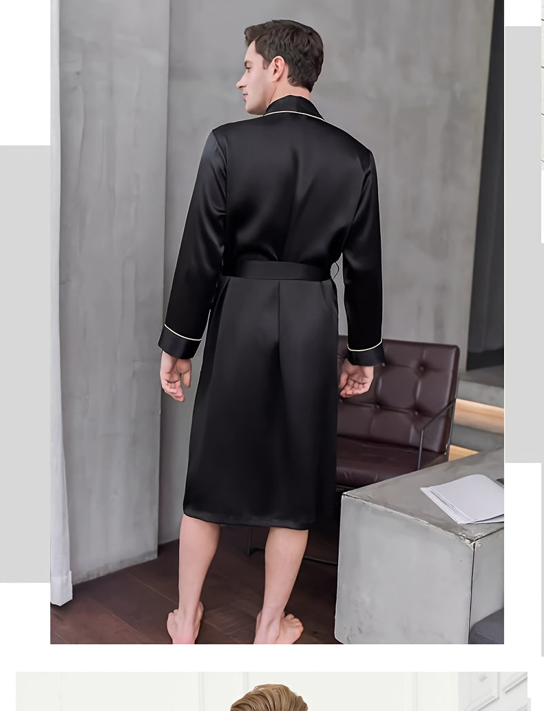 Men's black mulberry silk dressing gown