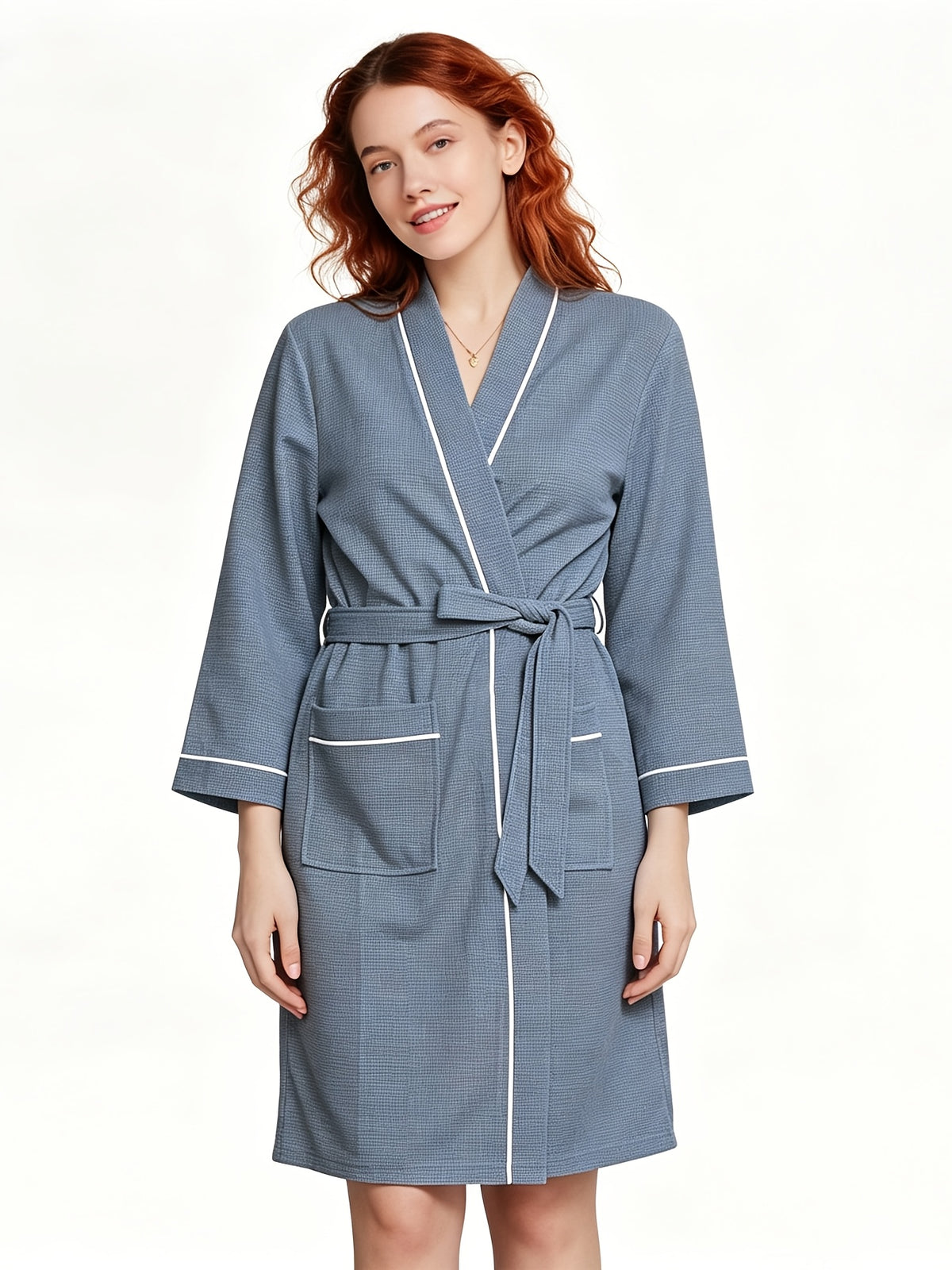 Women's long waffle bathrobe, lightweight