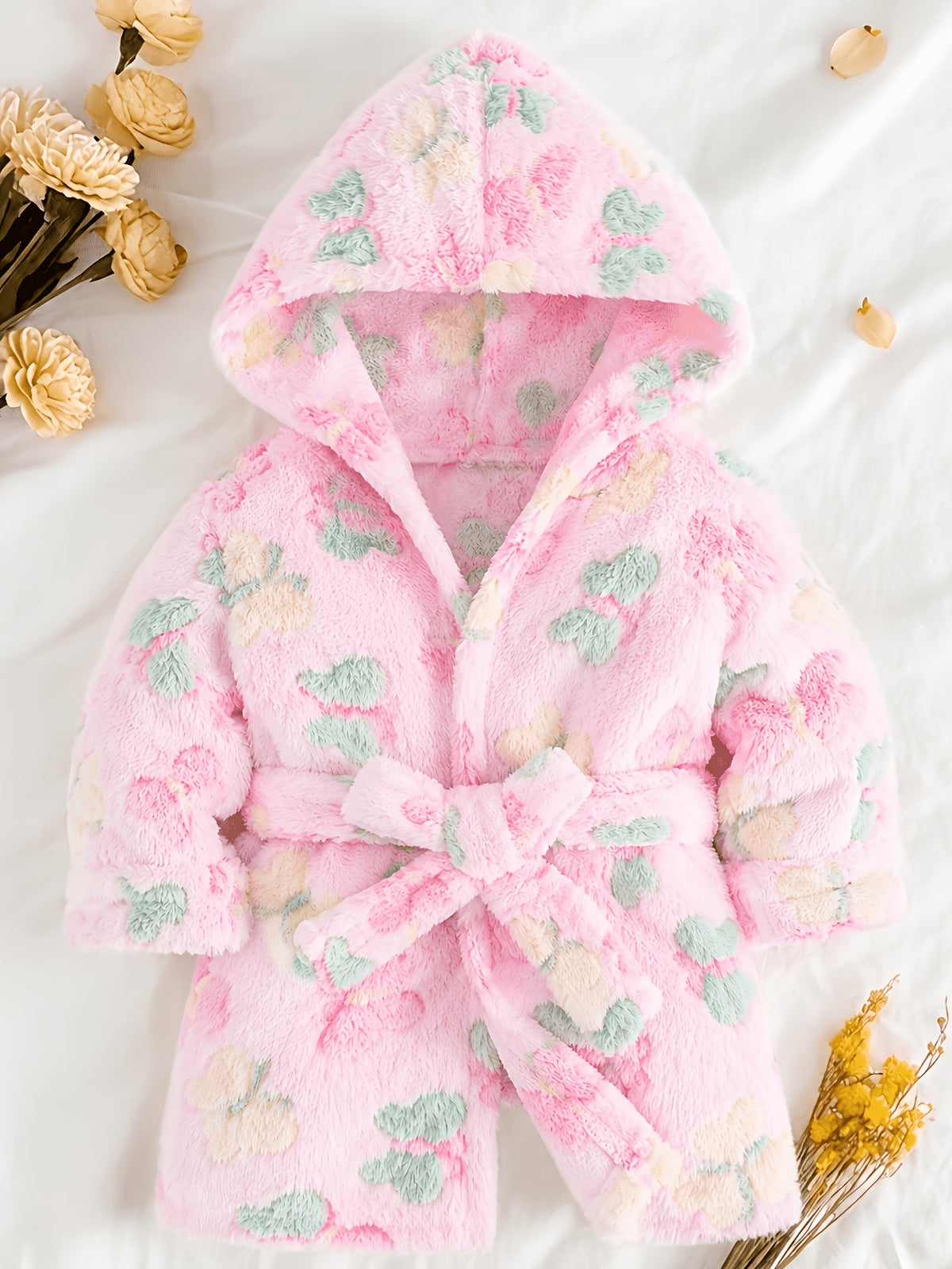 Baby pink hooded towelling bathrobe