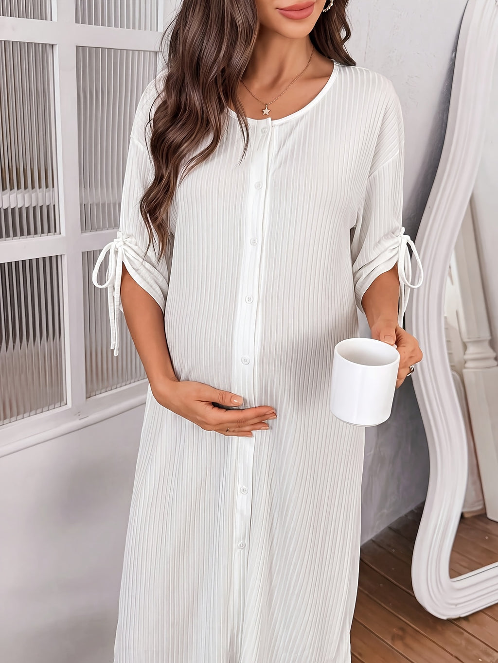 Women's white ribbed button-up maternity nightdress