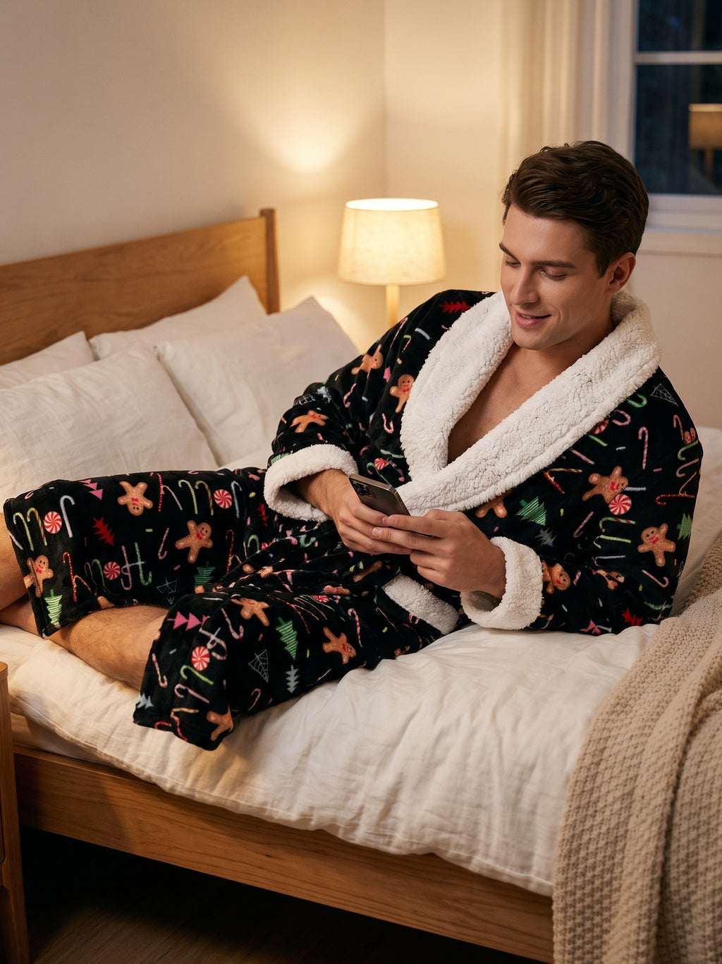 Men's gingerbread print flannel dressing gown