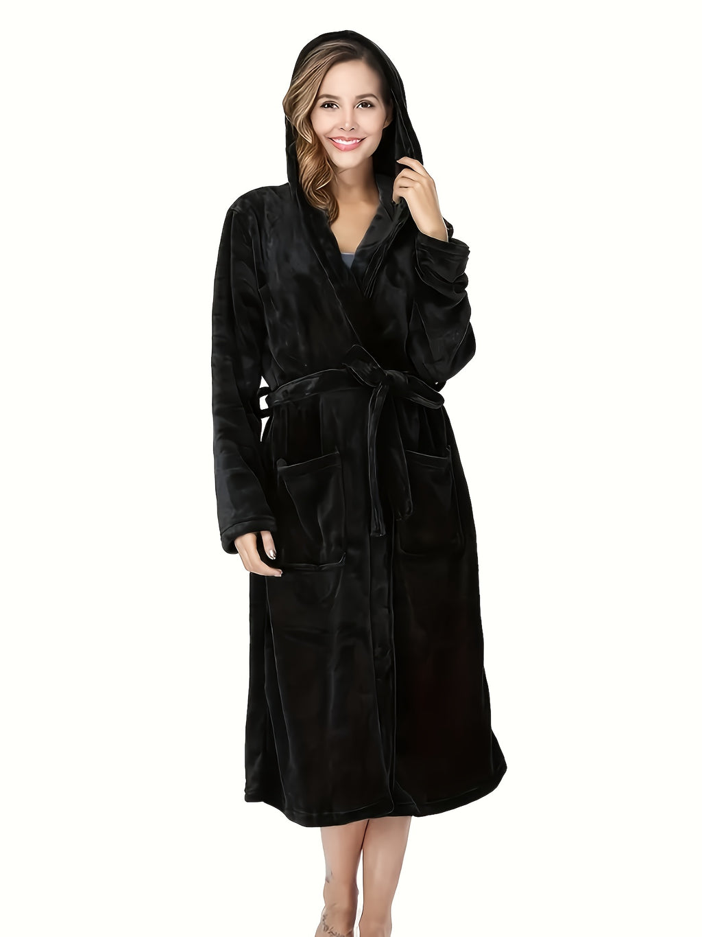 Women's long hooded flannel bathrobe