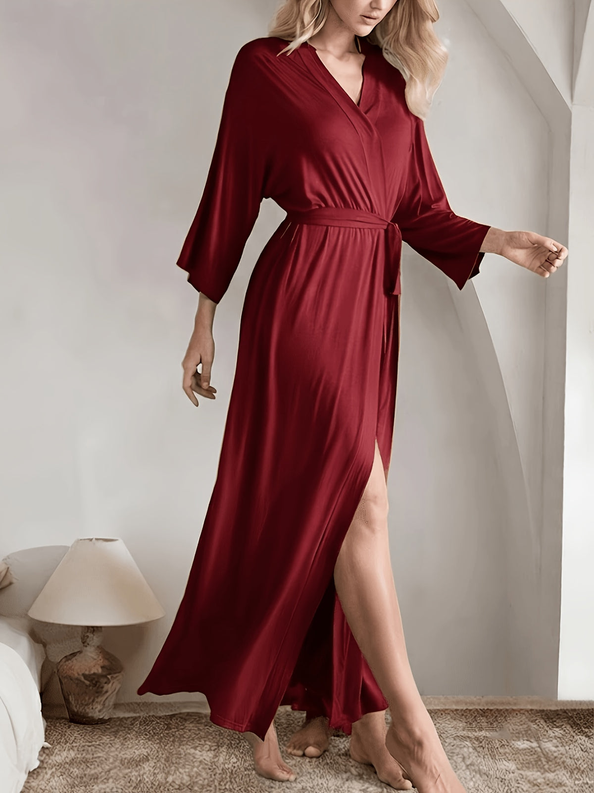 Women's red long satin dressing gown