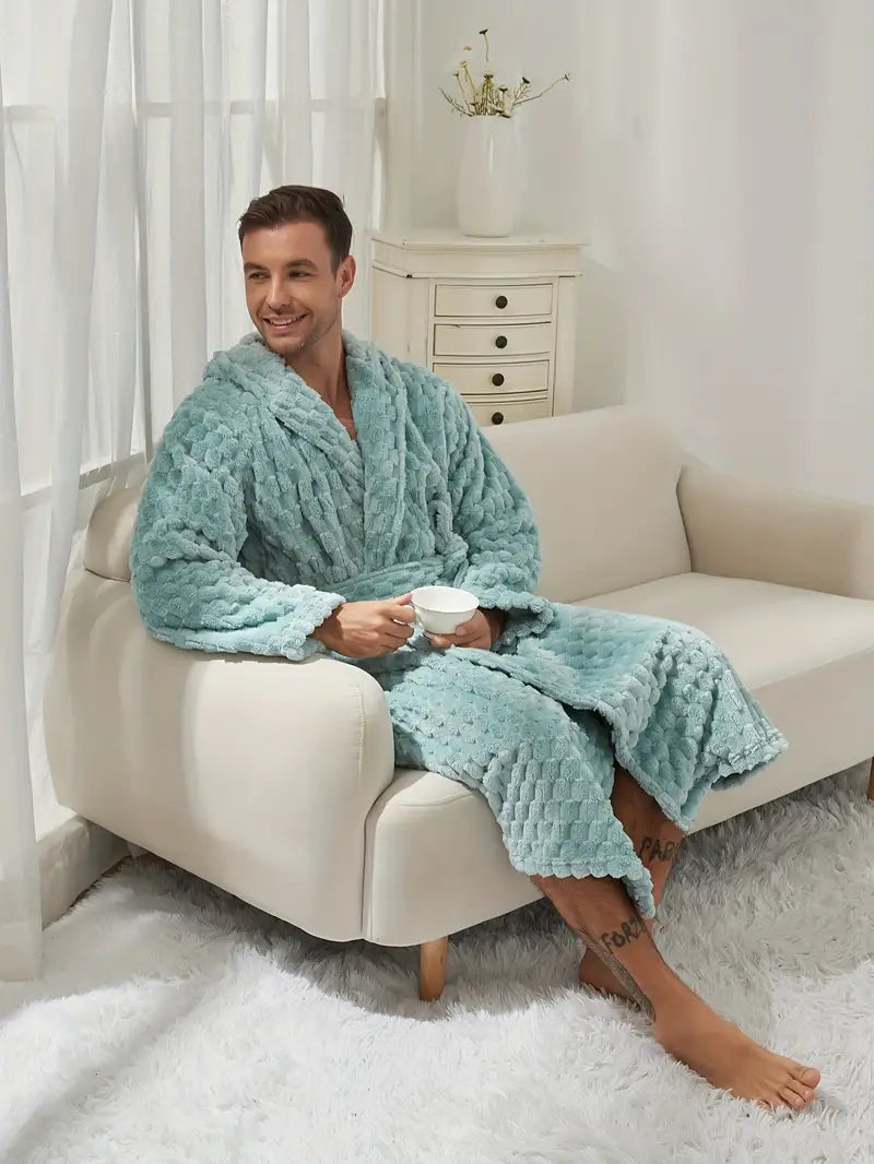 Men's long blue hooded luxury bathrobe