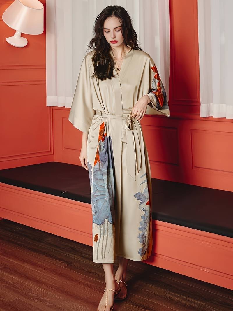 Women's long floral satin kimono robe, belted