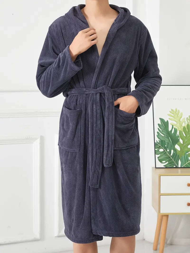 Men's short hooded fleece bathrobe