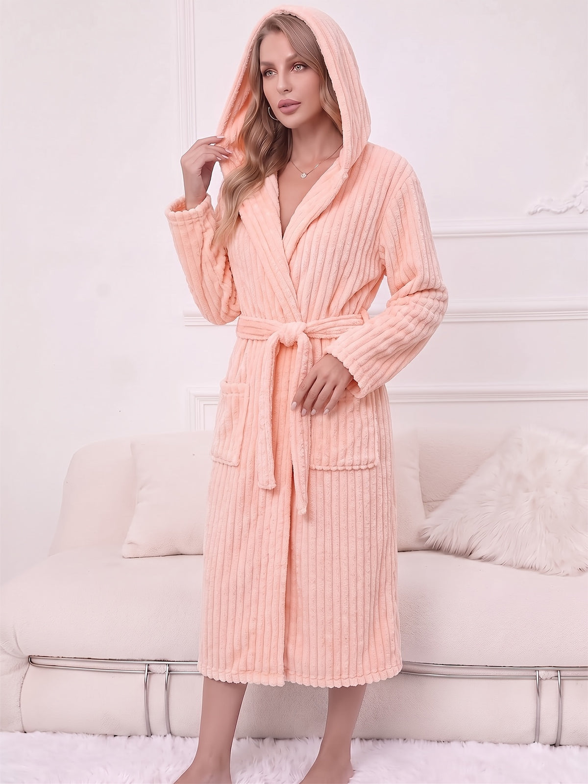 Women's ribbed coral fleece bathrobe