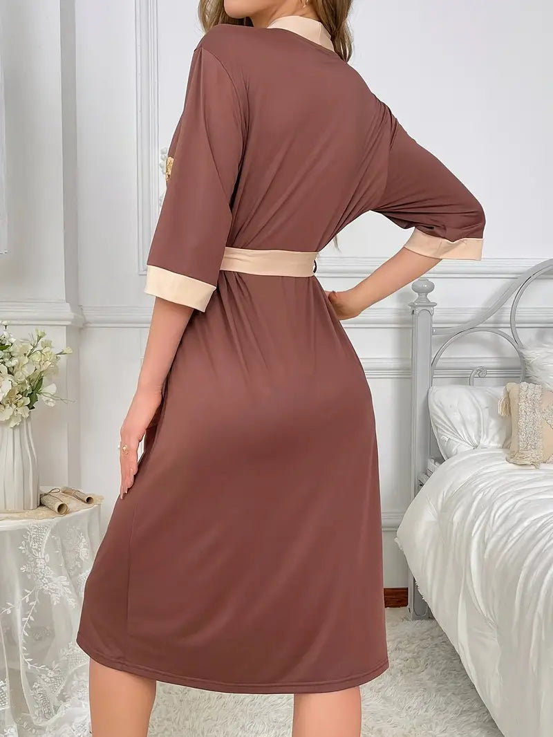Women's long brown bear print dressing gown