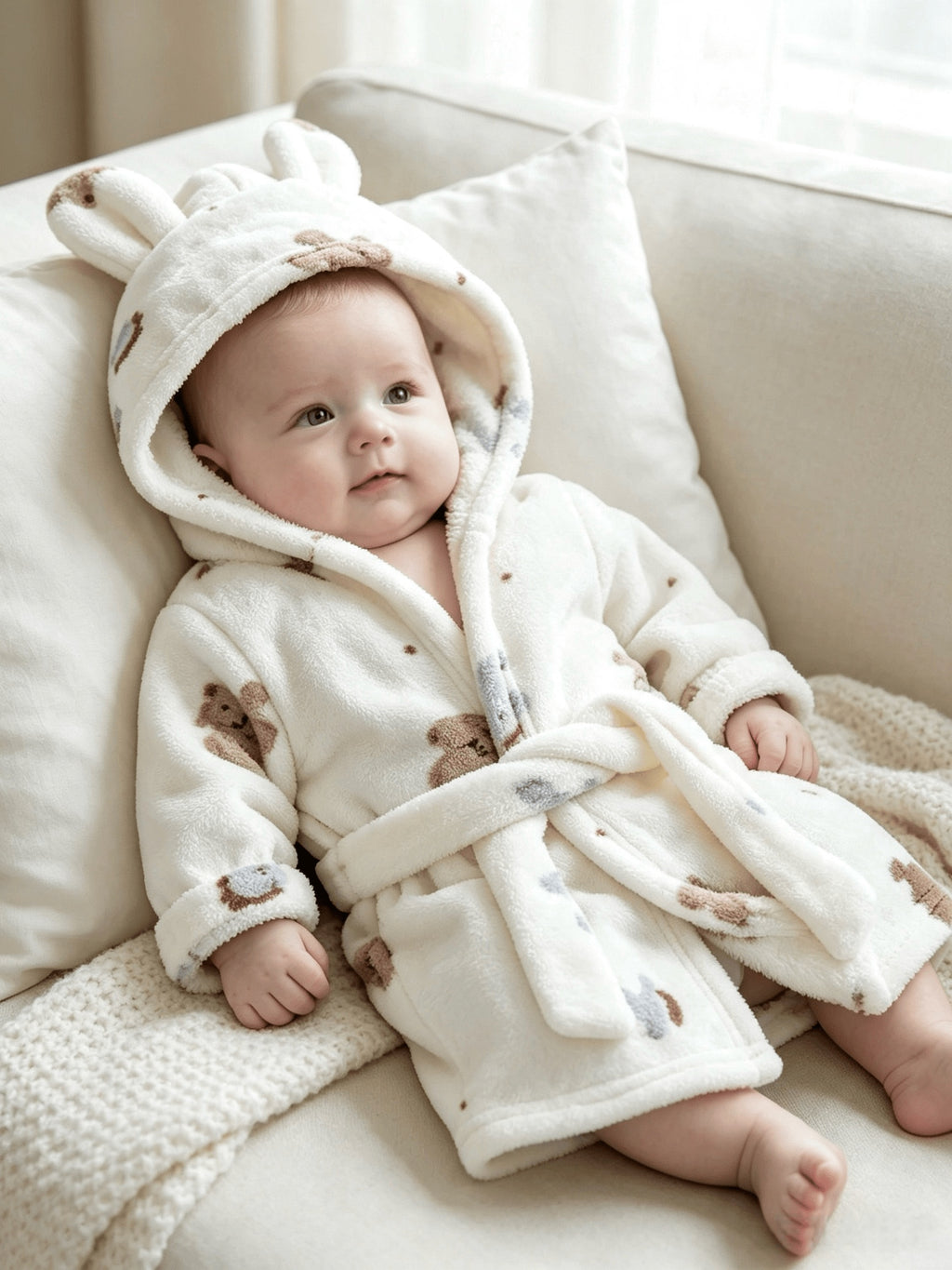 Baby cream long hooded fluffy fleece dressing gown