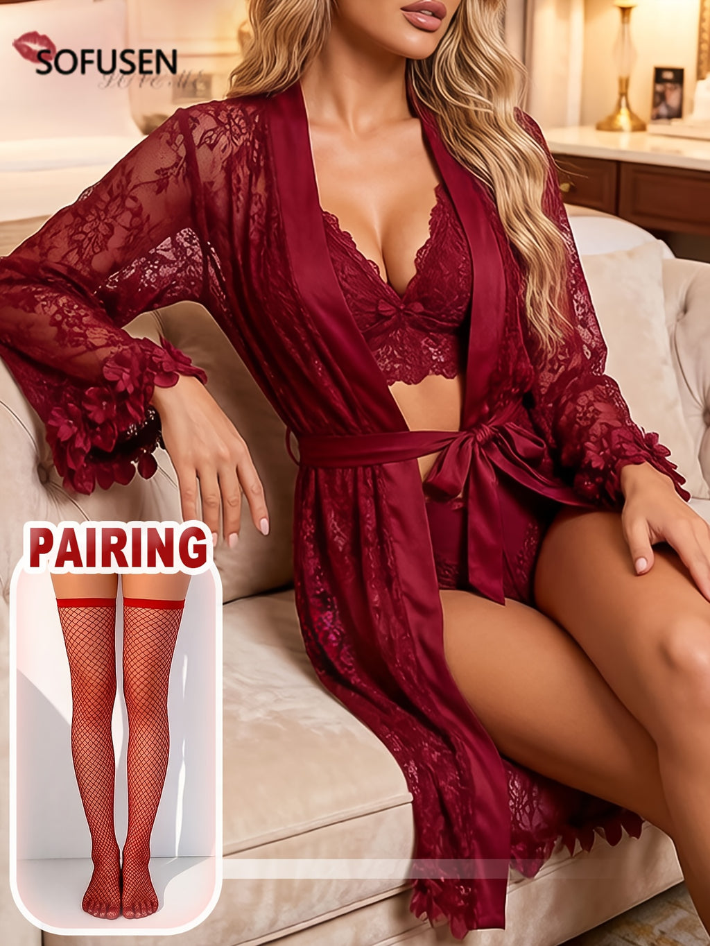 Women's black short lace dressing gown