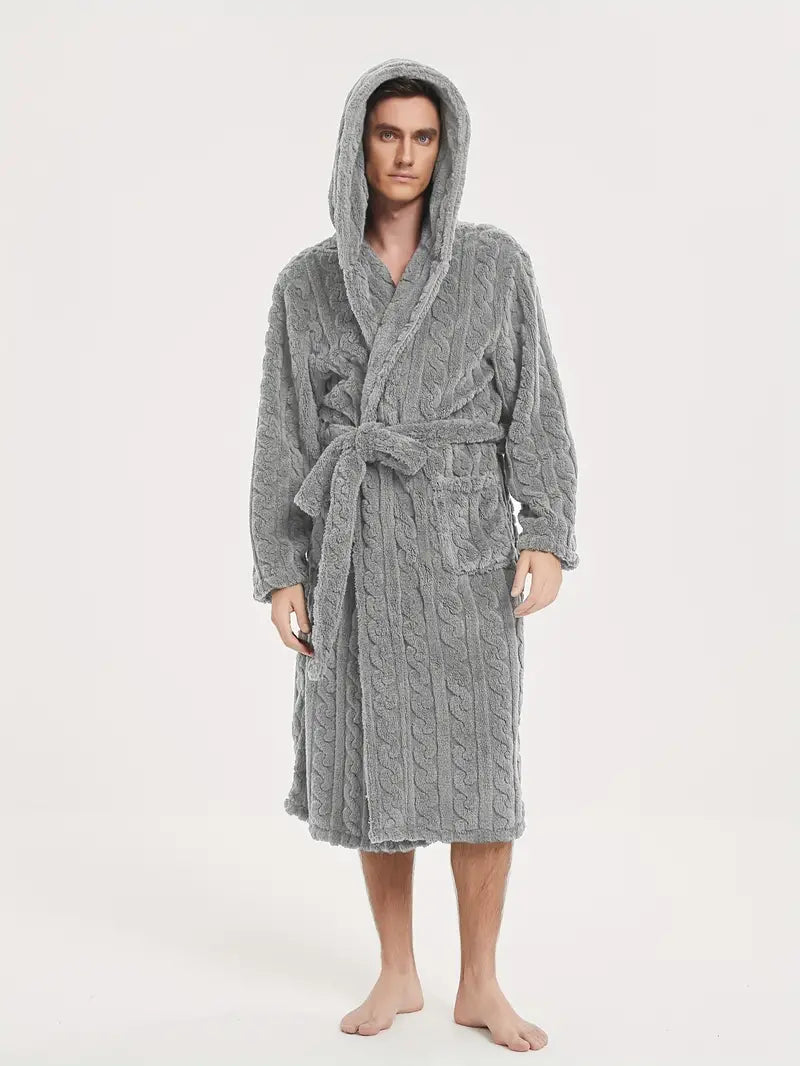 Men's hooded winter fleece bathrobe