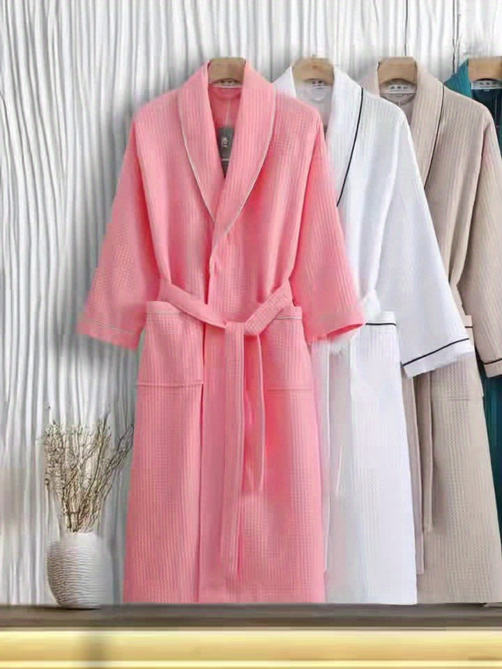 Unisex white tartan waffle bathrobe