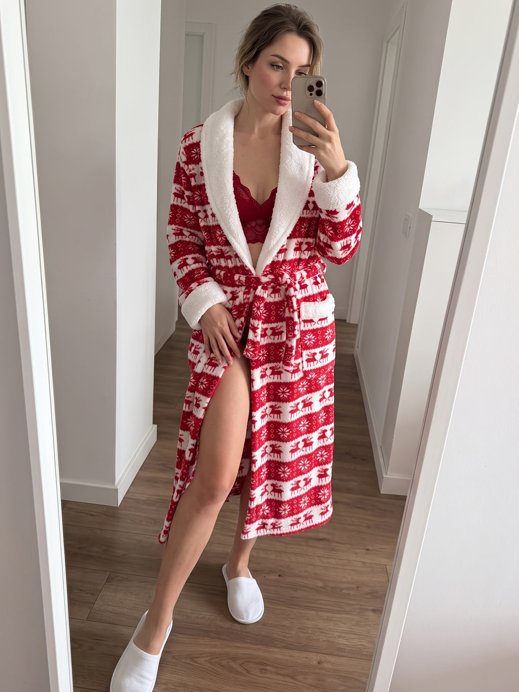 Women's red Fair Isle reindeer print fleece dressing gown