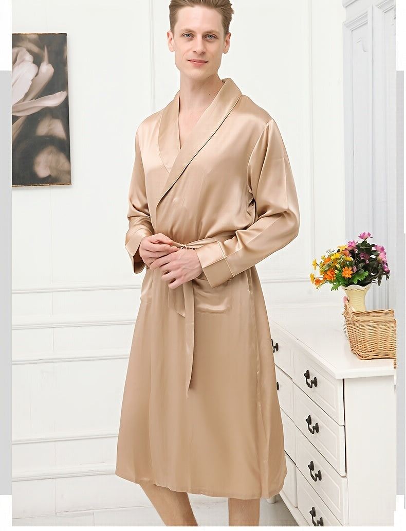 Men's black mulberry silk dressing gown